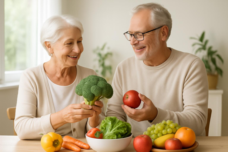idosos sentados a mesa escolhendo alimentos ricos em vitaminas