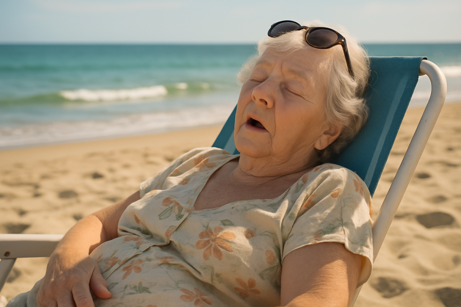 idosa roncando na praia