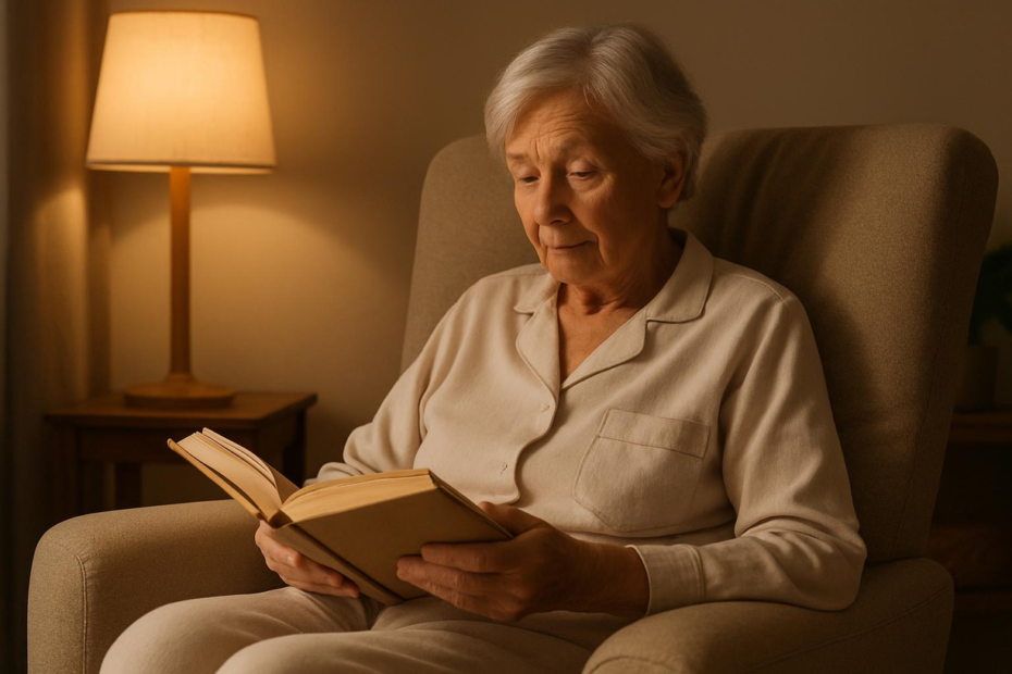 Idoso lendo um livro antes de dormir para melhorar insônia.