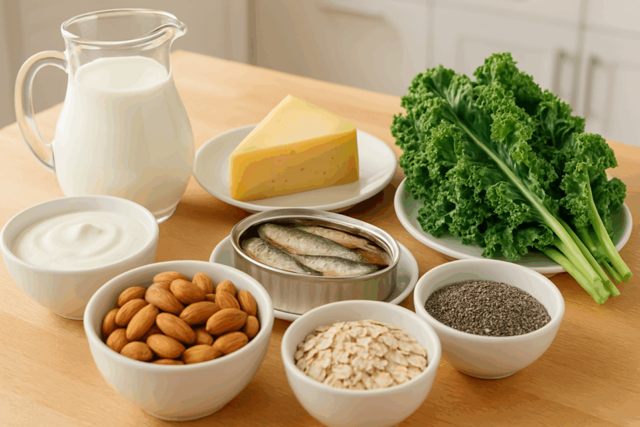 Mesa com alimentos ricos em cálcio, incluindo laticínios, sardinha, chia, couve, aveia e amêndoas.